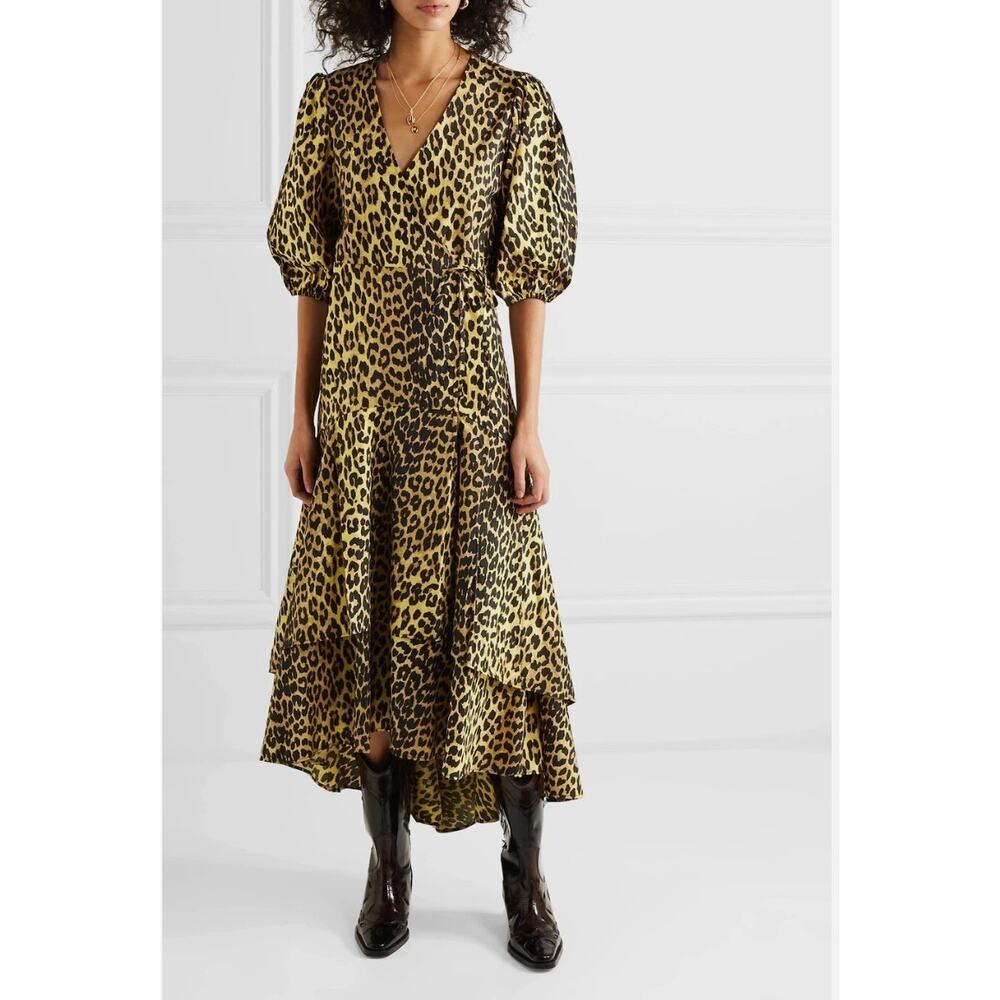 GANNI Bijou Leopard Cotton Wrap Dress in yellow cheetah print size S